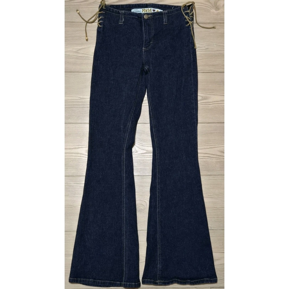 Vintage Y2K Mudd Jeans Dark Blue Denim Lace Up Hips Flare Leg Pants 28x30